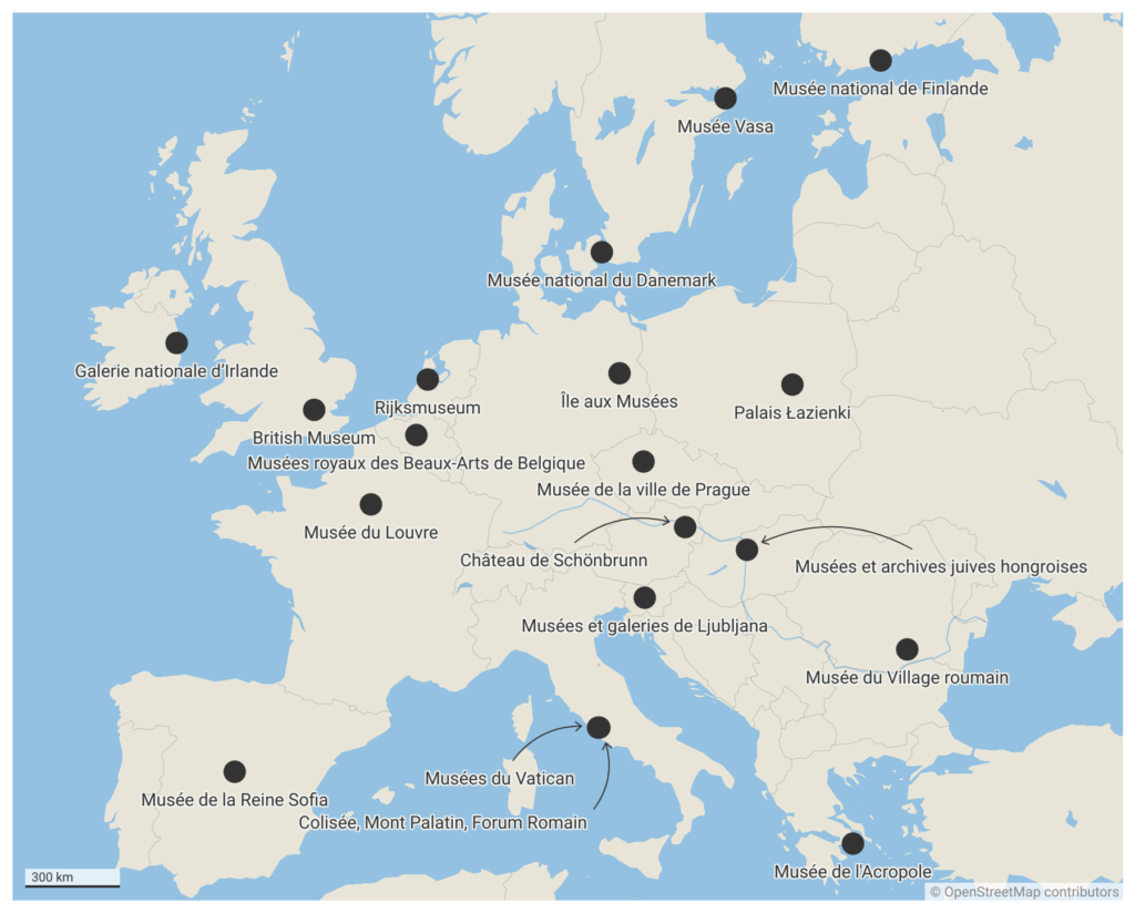 cartes des principaux musées et sites patrimoniaux d'europe
