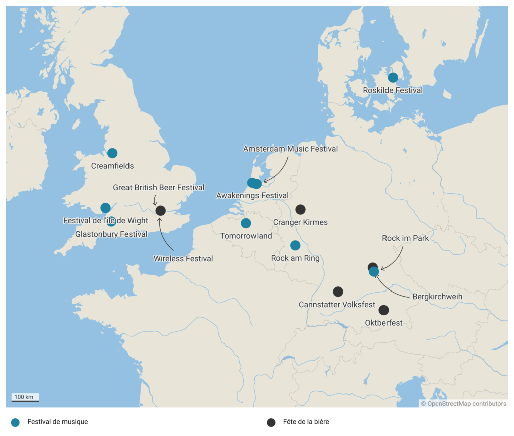carte des principaux festivals de musiques et fêtes de la bière en europe