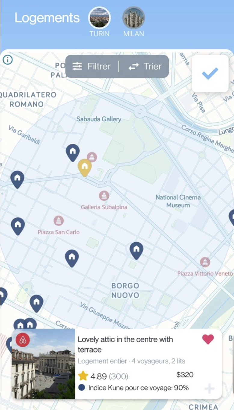 Voyage en carte interactive dans l'application Kune Travel