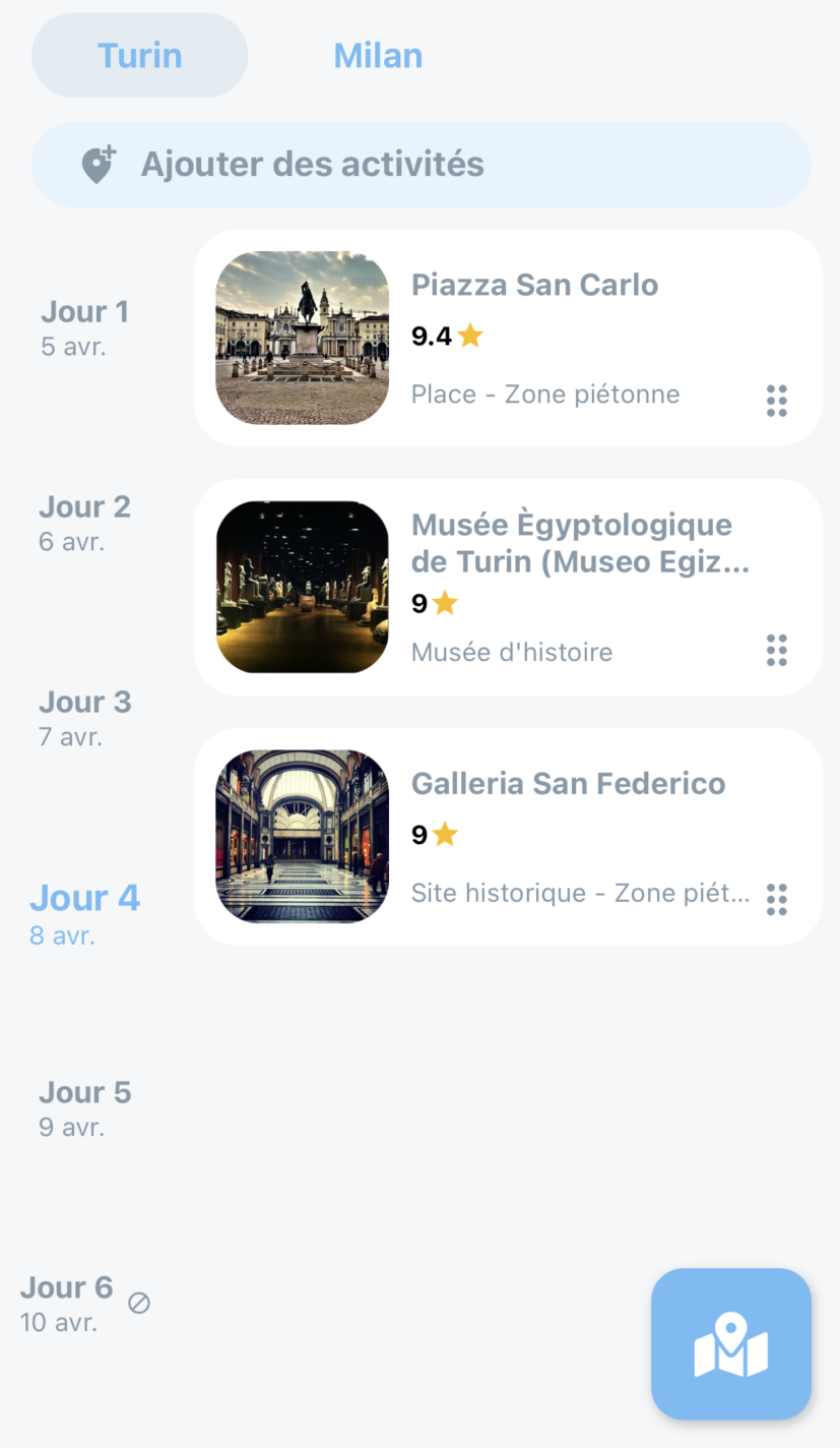 Voyage en vue jour par jour dans l'application Kune Travel